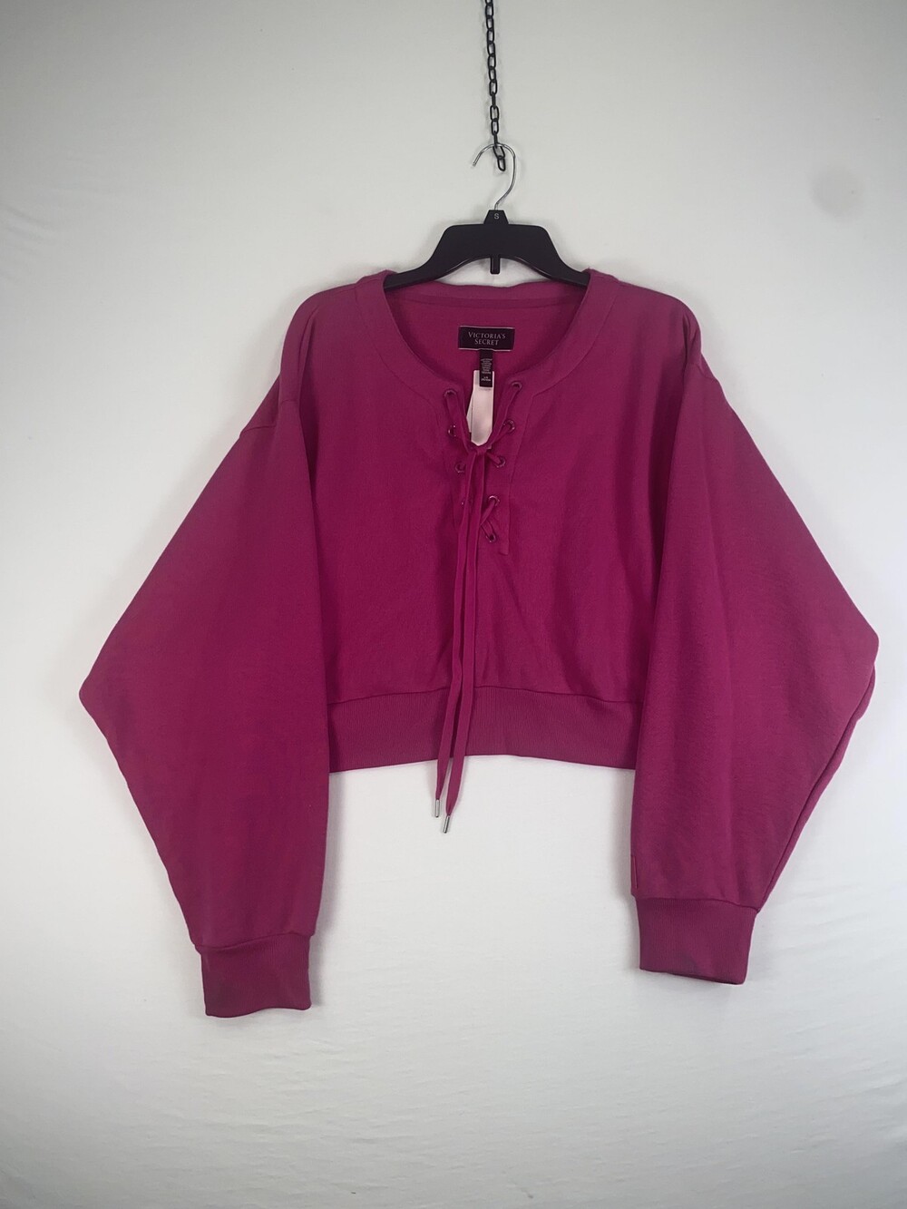 Victoria's Secret Sweatshirt Womens Large Pink Lace Up Cropped Fleece Pullover